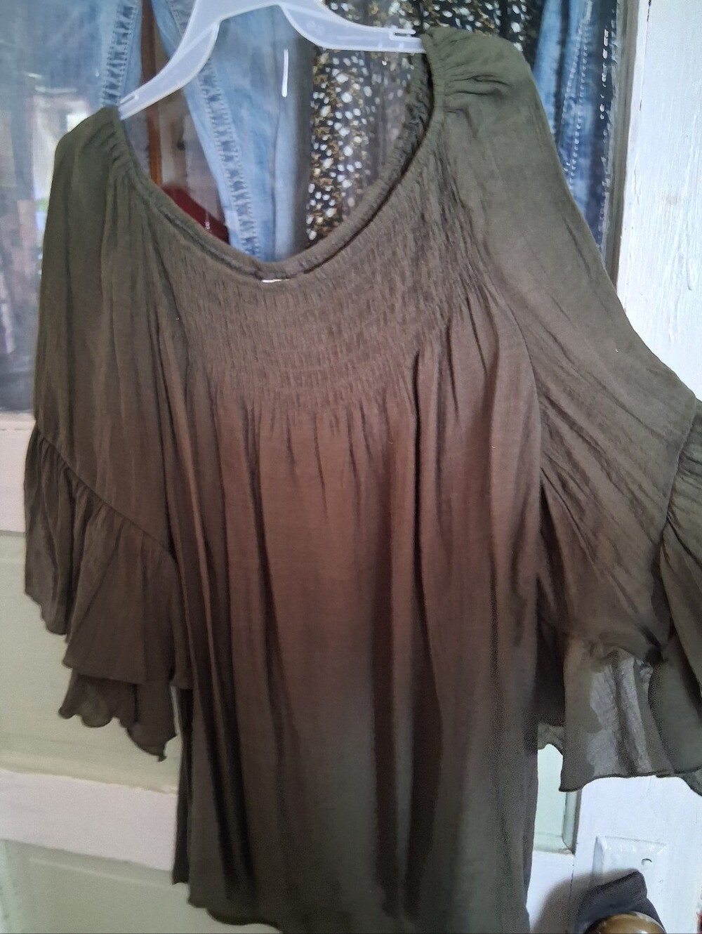 Cato Olive Green Smocked Boho Tunic Top